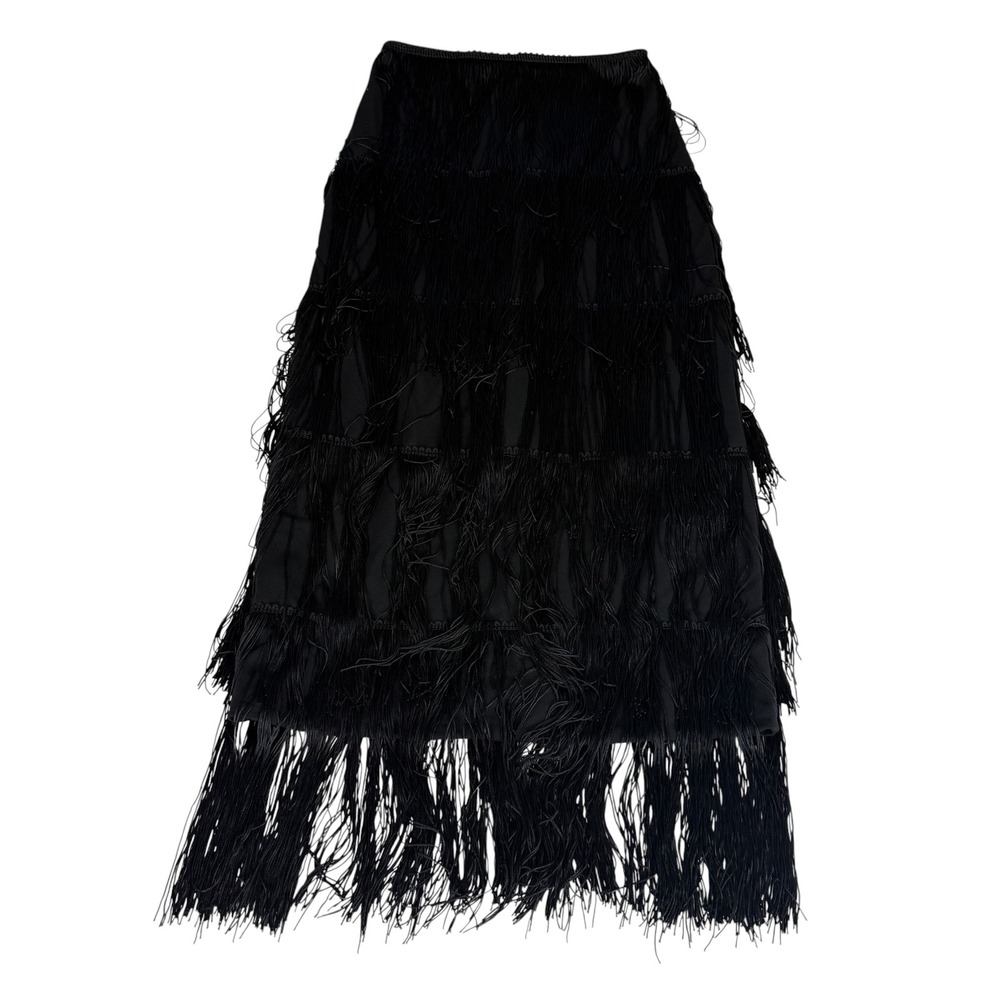 Lulus Black Tiered Fringe Midi Skirt High Waisted Flapper Style XS
